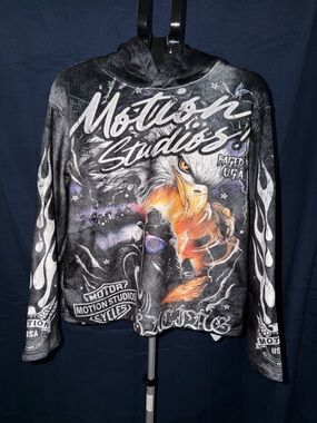 Motion Studios Eagle Graphic Hoodie Cropped Flame Sleeves Size Small